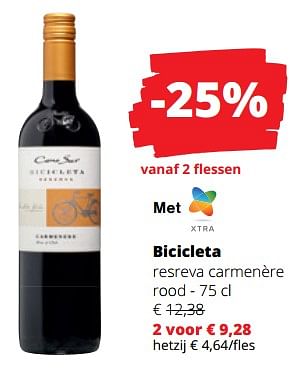 Promoties Bicicleta resreva carmenère rood - Rode wijnen - Geldig van 14/12/2023 tot 03/01/2024 bij Spar (Colruytgroup)