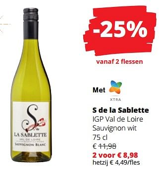 Promoties S de la sablette igp val de loire sauvignon wit - Witte wijnen - Geldig van 14/12/2023 tot 03/01/2024 bij Spar (Colruytgroup)