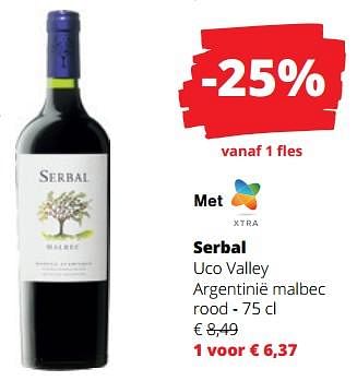 Promoties Serbal uco valley argentinië malbec rood - Rode wijnen - Geldig van 14/12/2023 tot 03/01/2024 bij Spar (Colruytgroup)
