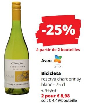 Promoties Bicicleta reserva chardonnay blanc - Witte wijnen - Geldig van 14/12/2023 tot 03/01/2024 bij Spar (Colruytgroup)