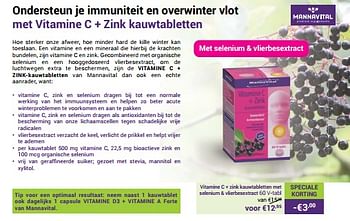 Promoties Vitamine c + zink kauwtabletten met selenium + vlierbesextract - Mannavital - Geldig van 01/01/2024 tot 31/01/2024 bij Mannavita
