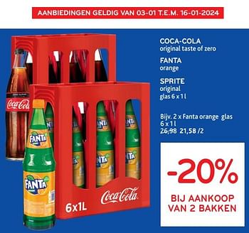 Promoties Coca-cola + fanta + sprite -20% bij aankoop van 2 bakken - Huismerk - Alvo - Geldig van 03/01/2024 tot 16/01/2024 bij Alvo