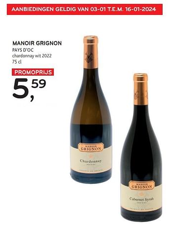 Promoties Manoir grignon pays d’oc chardonnay wit 2022 - Witte wijnen - Geldig van 03/01/2024 tot 16/01/2024 bij Alvo