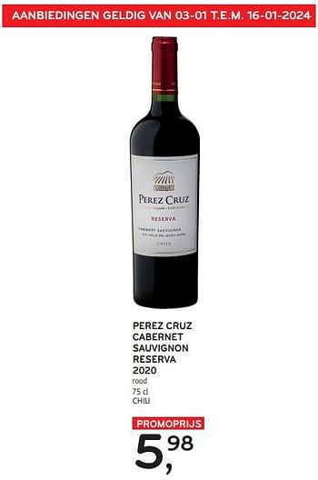 Promoties Perez cruz cabernet sauvignon reserva 2020 rood - Rode wijnen - Geldig van 03/01/2024 tot 16/01/2024 bij Alvo