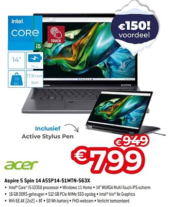 Promotions Acer aspire 5 spin 14 a5sp14-51mtn-563x - Acer - Valide de 03/01/2024 à 31/01/2024 chez Auva