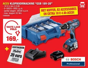 Promotions Bosch accu klopboormachine gsb 18v-28 - Bosch - Valide de 03/01/2024 à 14/01/2024 chez Hubo