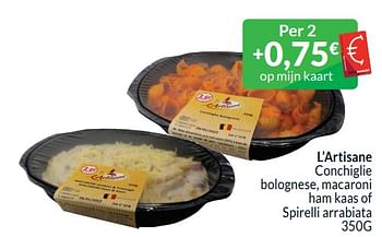 Promoties L’artisane conchiglie bolognese, macaroni ham kaas of spirelli arrabiata - L'Artisane - Geldig van 01/01/2024 tot 31/01/2024 bij Intermarche