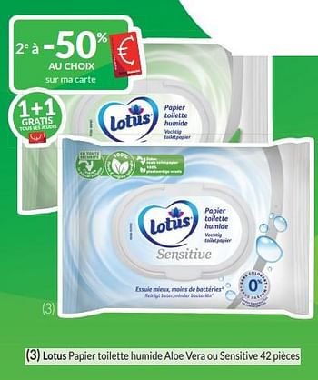 Promotions Lotus papier toilette humide aloe vera ou sensitive - Lotus Nalys - Valide de 01/01/2024 à 31/01/2024 chez Intermarche