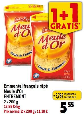 Promotions Emmental français râpé meule d’or entremont - Entre Mont - Valide de 03/01/2024 à 09/01/2024 chez Match