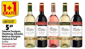 Promotions Cabernet sauvignon, chardonnay, grenache, merlot ou sauvignon couleurs du sud - Vins rouges - Valide de 03/01/2024 à 09/01/2024 chez Match