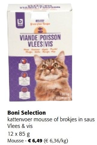 Promoties Boni selection kattenvoer mousse vlees + vis - Boni - Geldig van 02/01/2024 tot 16/01/2024 bij Colruyt