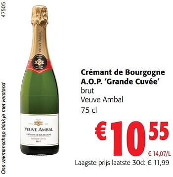 Promotions Crémant de bourgogne a.o.p. grande cuvée brut veuve ambal - Mousseux - Valide de 02/01/2024 à 16/02/2024 chez Colruyt