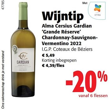 Promoties Alma cersius gardian grande réserve chardonnay-sauvignonvermentino 2022 i.g.p. coteaux de béziers - Witte wijnen - Geldig van 02/01/2024 tot 16/02/2024 bij Colruyt