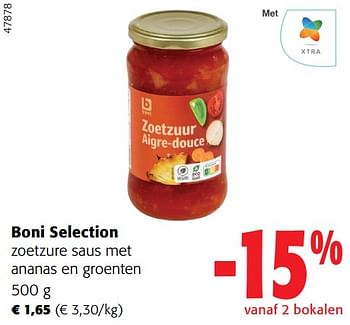 Promoties Boni selection zoetzure saus met ananas en groenten - Boni - Geldig van 02/01/2024 tot 16/02/2024 bij Colruyt