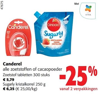 Promoties Canderel alle zoetstoffen of cacaopoeder - Canderel - Geldig van 02/01/2024 tot 16/02/2024 bij Colruyt