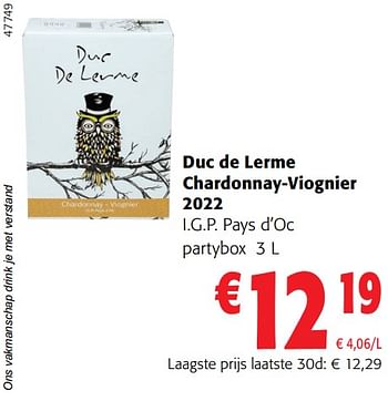 Promotions Duc de lerme chardonnay-viognier 2022 i.g.p. pays d’oc partybox - Vins blancs - Valide de 02/01/2024 à 16/02/2024 chez Colruyt
