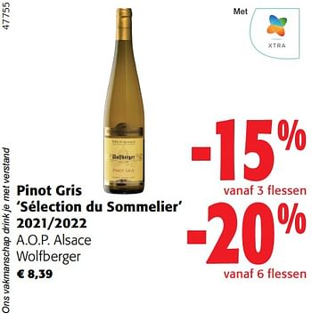 Promotions Pinot gris sélection du sommelier 2021-2022 a.o.p. alsace wolfberger - Vins blancs - Valide de 02/01/2024 à 16/02/2024 chez Colruyt