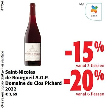 Promotions Saint-nicolas de bourgueil a.o.p. domaine du clos pichard 2022 - Vins rouges - Valide de 02/01/2024 à 16/02/2024 chez Colruyt