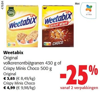 Promoties Weetabix original volkorenontbijtgranen of crispy minis choco - Weetabix - Geldig van 02/01/2024 tot 16/02/2024 bij Colruyt
