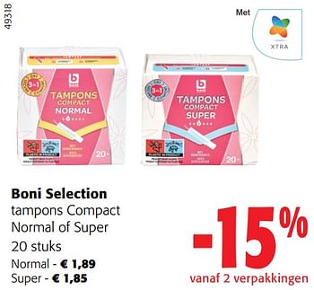 Promoties Boni selection tampons compact normal of super - Boni - Geldig van 02/01/2024 tot 16/02/2024 bij Colruyt