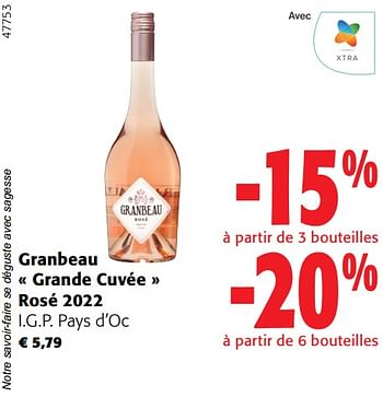 Promotions Granbeau grande cuvée rosé 2022 i.g.p. pays d’oc - Vins rosé - Valide de 02/01/2024 à 16/02/2024 chez Colruyt