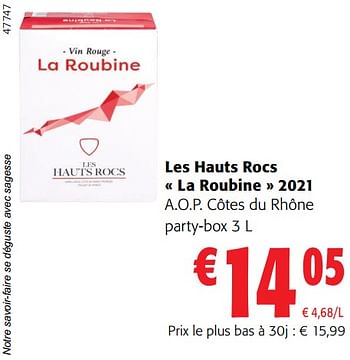 Promotions Les hauts rocs la roubine 2021 a.o.p. côtes du rhône party-box - Vins rouges - Valide de 02/01/2024 à 16/02/2024 chez Colruyt