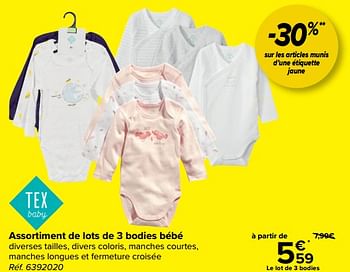 Promotions Assortiment de lots de 3 bodies bébé - Tex - Valide de 03/01/2024 à 15/01/2024 chez Carrefour