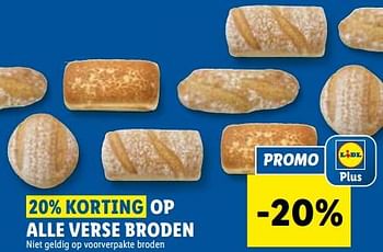 Promoties 20% korting op alle verse broden - Huismerk - Lidl - Geldig van 10/01/2024 tot 16/01/2024 bij Lidl