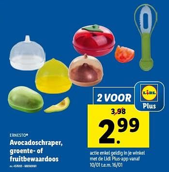 Promotions Avocadoschraper, groente- of fruitbewaardoos - Ernesto - Valide de 10/01/2024 à 16/01/2024 chez Lidl