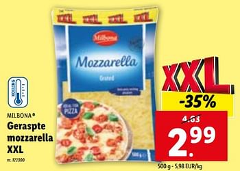 Promoties Geraspte mozzarella xxl - Milbona - Geldig van 10/01/2024 tot 16/01/2024 bij Lidl