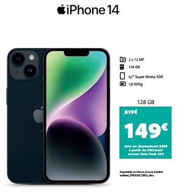 Promotions Apple iphone 14 128 gb - Apple - Valide de 02/01/2024 à 31/01/2024 chez Base