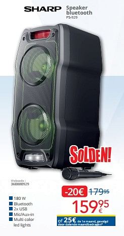 Promoties Sharp speaker bluetooth ps-929 - Sharp - Geldig van 03/01/2024 tot 31/01/2024 bij Eldi