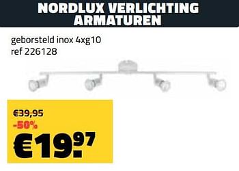 Promoties Nordlux verlichting armaturen geborsteld inox 4xg10 - nordlux - Geldig van 08/01/2024 tot 31/01/2024 bij Bouwcenter Frans Vlaeminck