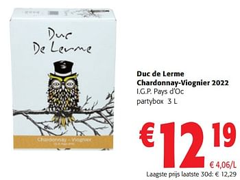 Promoties Duc de lerme chardonnay-viognier 2022 i.g.p. pays d`oc partybox - Witte wijnen - Geldig van 02/01/2024 tot 16/02/2024 bij Colruyt