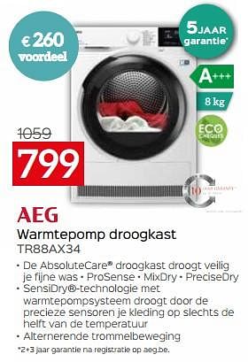 Promoties Aeg warmtepomp droogkast tr88ax34 - AEG - Geldig van 03/01/2024 tot 31/01/2024 bij Selexion