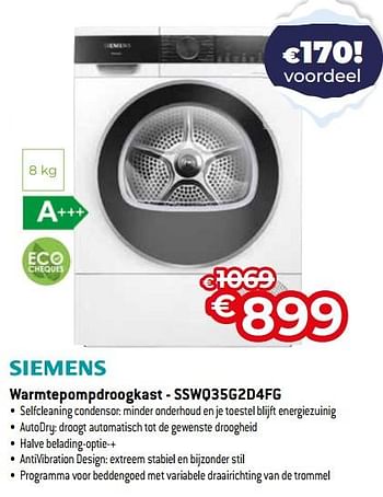 Promoties Siemens warmtepompdroogkast - sswq35g2d4fg - Siemens - Geldig van 03/01/2024 tot 31/01/2024 bij Exellent