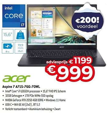 Promoties Acer aspire 7 a715-76g-70wl - Acer - Geldig van 03/01/2024 tot 31/01/2024 bij Exellent