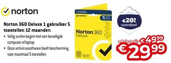 Promoties Norton 360 deluxe 1 gebruiker 5 toestellen 12 maanden - Norton - Geldig van 03/01/2024 tot 31/01/2024 bij Exellent