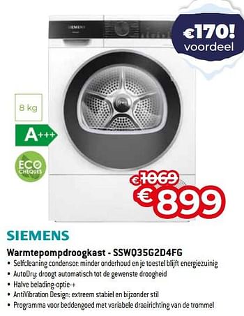 Promoties Siemens warmtepompdroogkast - sswq35g2d4fg - Siemens - Geldig van 03/01/2024 tot 31/01/2024 bij Exellent