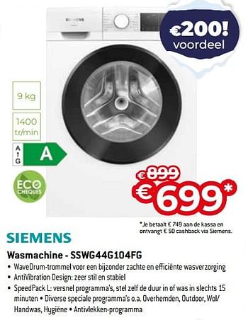 Promoties Siemens wasmachine - sswg44g104fg - Siemens - Geldig van 03/01/2024 tot 31/01/2024 bij Exellent