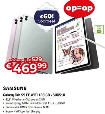 Promoties Samsung galaxy tab s9 fe wifi 128 gb - sux510 - Samsung - Geldig van 03/01/2024 tot 31/01/2024 bij Exellent