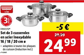 Promotions Set de 3 casseroles en acier inoxydable - Ernesto - Valide de 10/01/2024 à 16/01/2024 chez Lidl