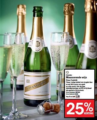 Promoties Chamdor mousserende wijn elzas, frankrijk - Schuimwijnen - Geldig van 04/01/2024 tot 27/01/2024 bij Sligro