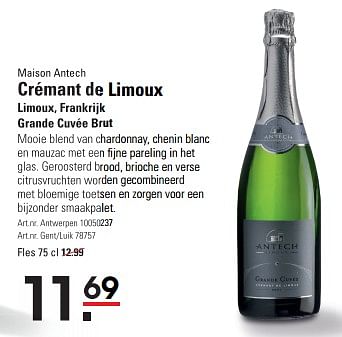 Promoties Maison antech crémant de limoux limoux, frankrijk grande cuvée brut - Schuimwijnen - Geldig van 04/01/2024 tot 27/01/2024 bij Sligro