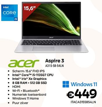 Promoties Acer aspire 3 a315-58-54ln - Acer - Geldig van 03/01/2024 tot 31/01/2024 bij Compudeals