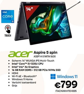 Promoties Acer aspire 5 spin a5sp14-51mtn-563x - Acer - Geldig van 03/01/2024 tot 31/01/2024 bij Compudeals