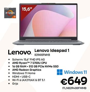 Promoties Lenovo ideapad 1 82r400fmb - Lenovo - Geldig van 03/01/2024 tot 31/01/2024 bij Compudeals