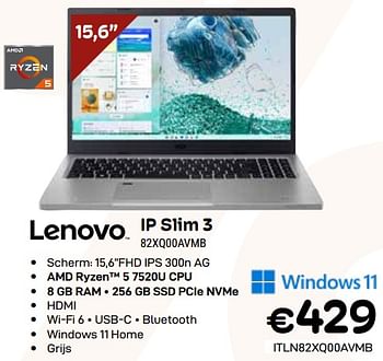 Promoties Lenovo ip slim3 82xq00avmb - Lenovo - Geldig van 03/01/2024 tot 31/01/2024 bij Compudeals