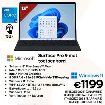 Promoties Microsoft surface pro 9 met toetsenbord - Microsoft - Geldig van 03/01/2024 tot 31/01/2024 bij Compudeals