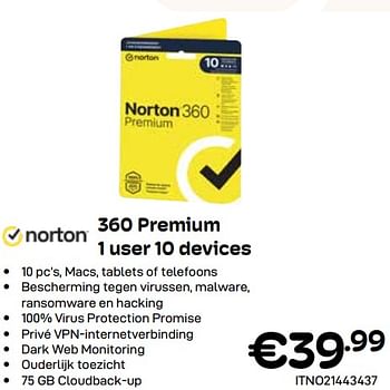Promoties Norton 360 premium 1user 10 devices - Norton - Geldig van 03/01/2024 tot 31/01/2024 bij Compudeals